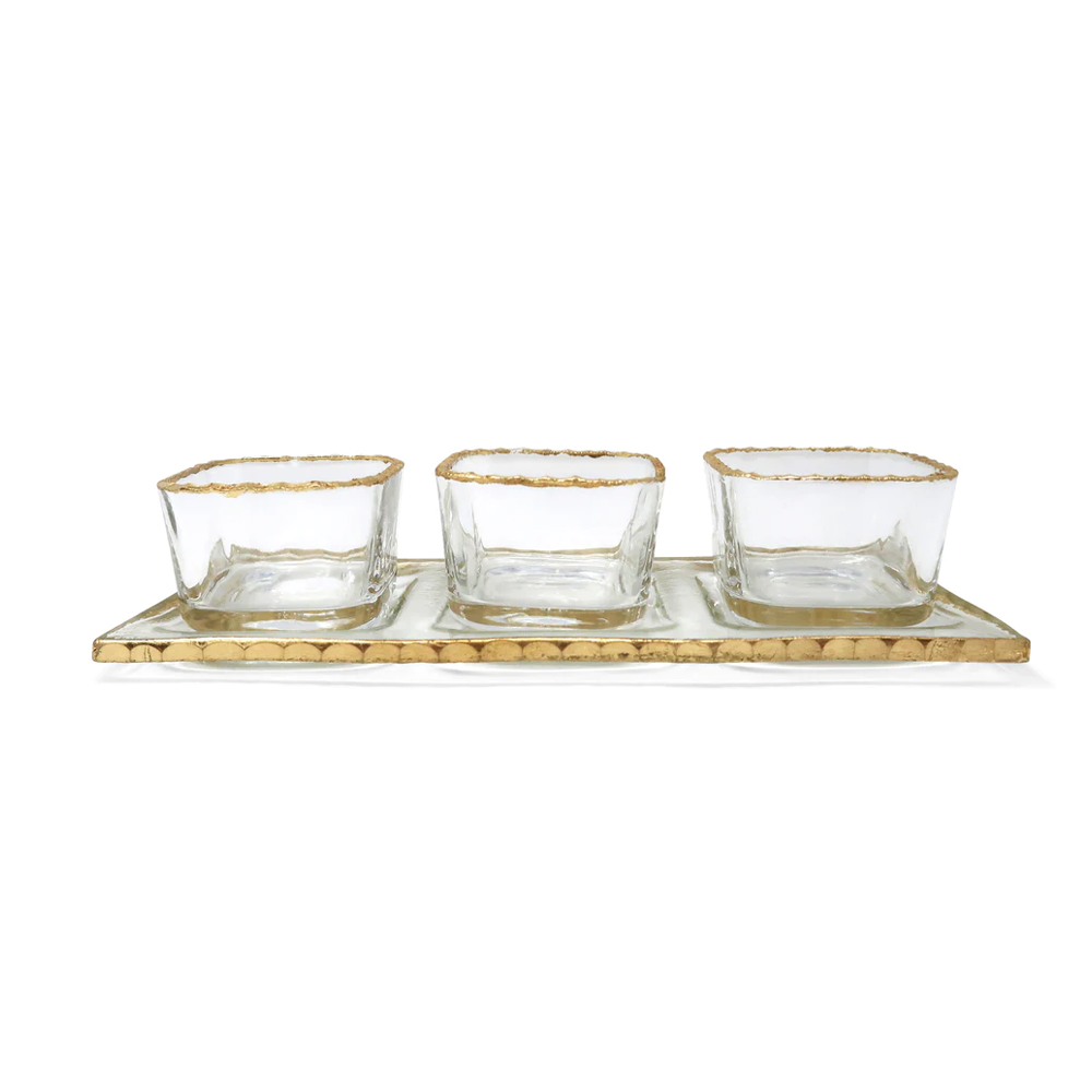 3 Bowl Relish Dish on Gold Rimmed Tray